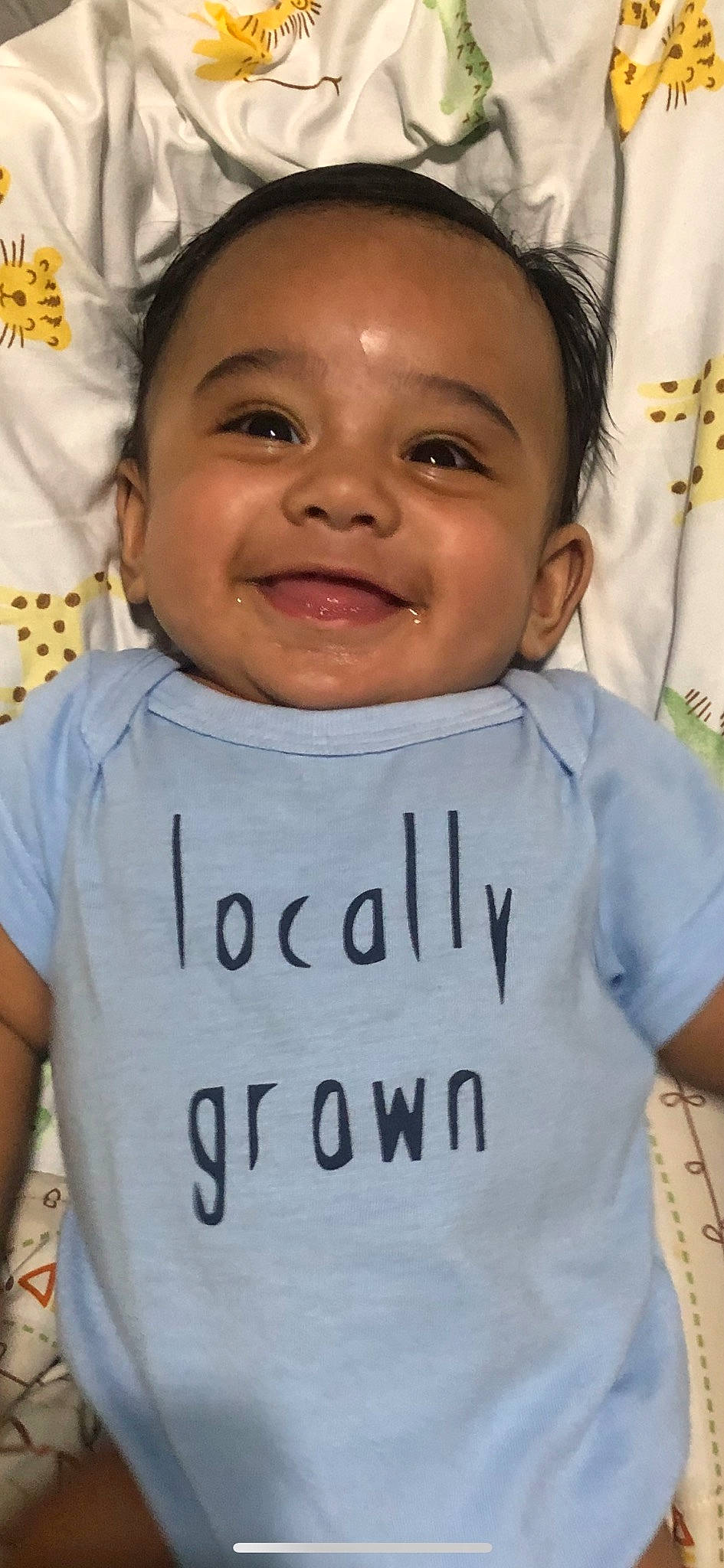 Aiden joined the competition — help win amazing prizes! baby, baby_toddler_clothing, cheek, child, elbow, face, forehead, fun, gesture, happy, joy, laugh, person, skin, sleeve, smile, t_shirt, thumb, toddler, top