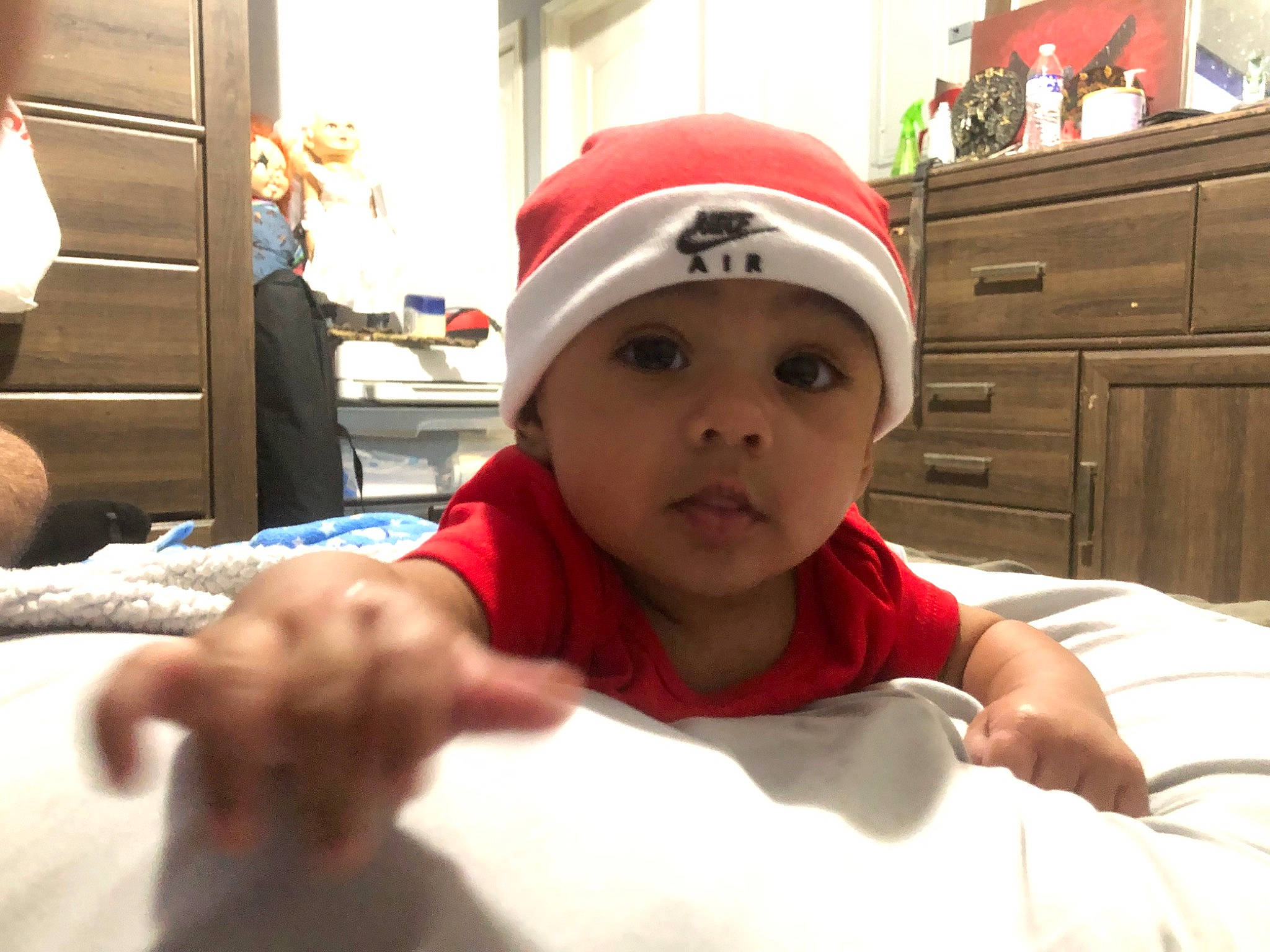 Aiden joined the competition — help win amazing prizes! baby, cabinetry, cap, carmine, chest_of_drawers, child, comfort, costume_hat, cupboard, drawer, event, fun, happy, headwear, linens, person, room, sideboard, sitting, t_shirt