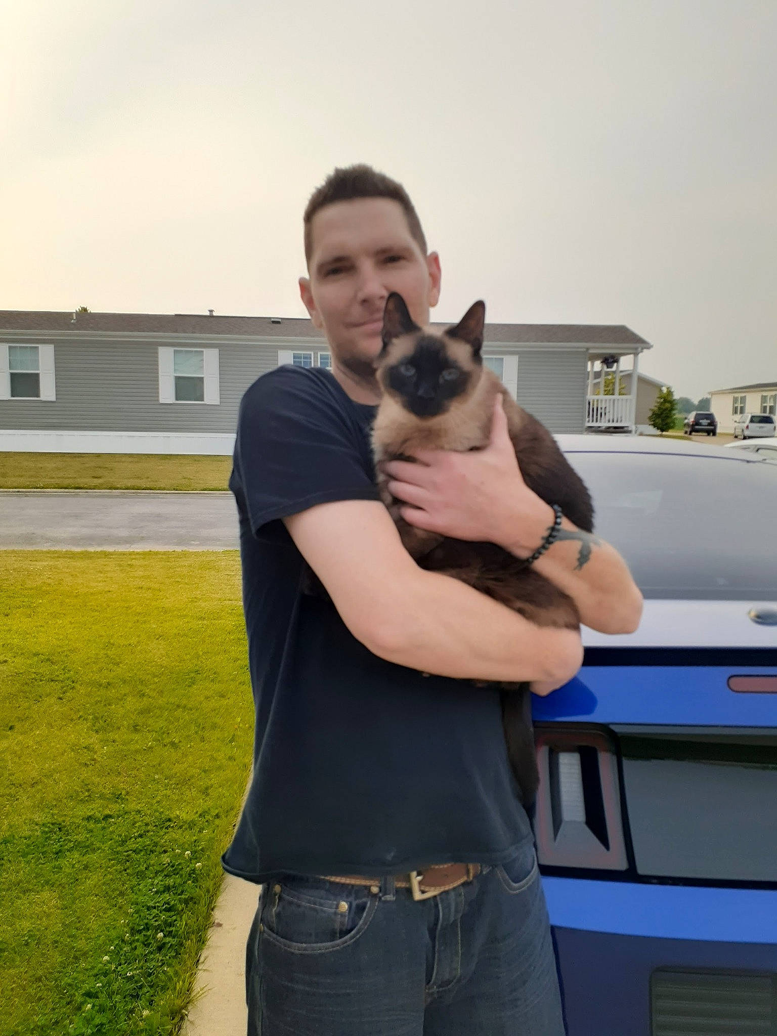 Mooshu is registered to the contest to win money with this photo: building, bumper, canidae, car, carnivore, companion_dog, dog, dog_breed, fawn, gesture, hood, mammal, sky, snout, t_shirt, toy_dog, vehicle, vehicle_door, vertebrate, window