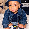 Braylen joined the competition — help win amazing prizes! toddler, child, baby, portrait, sitting, face, blue_eyes, bucket_hat, denim_jacket, sneakers, curious, indoor, bedroom, teddy_bear, plush_toy, cozy, fashion, close_up, carpet, little_man