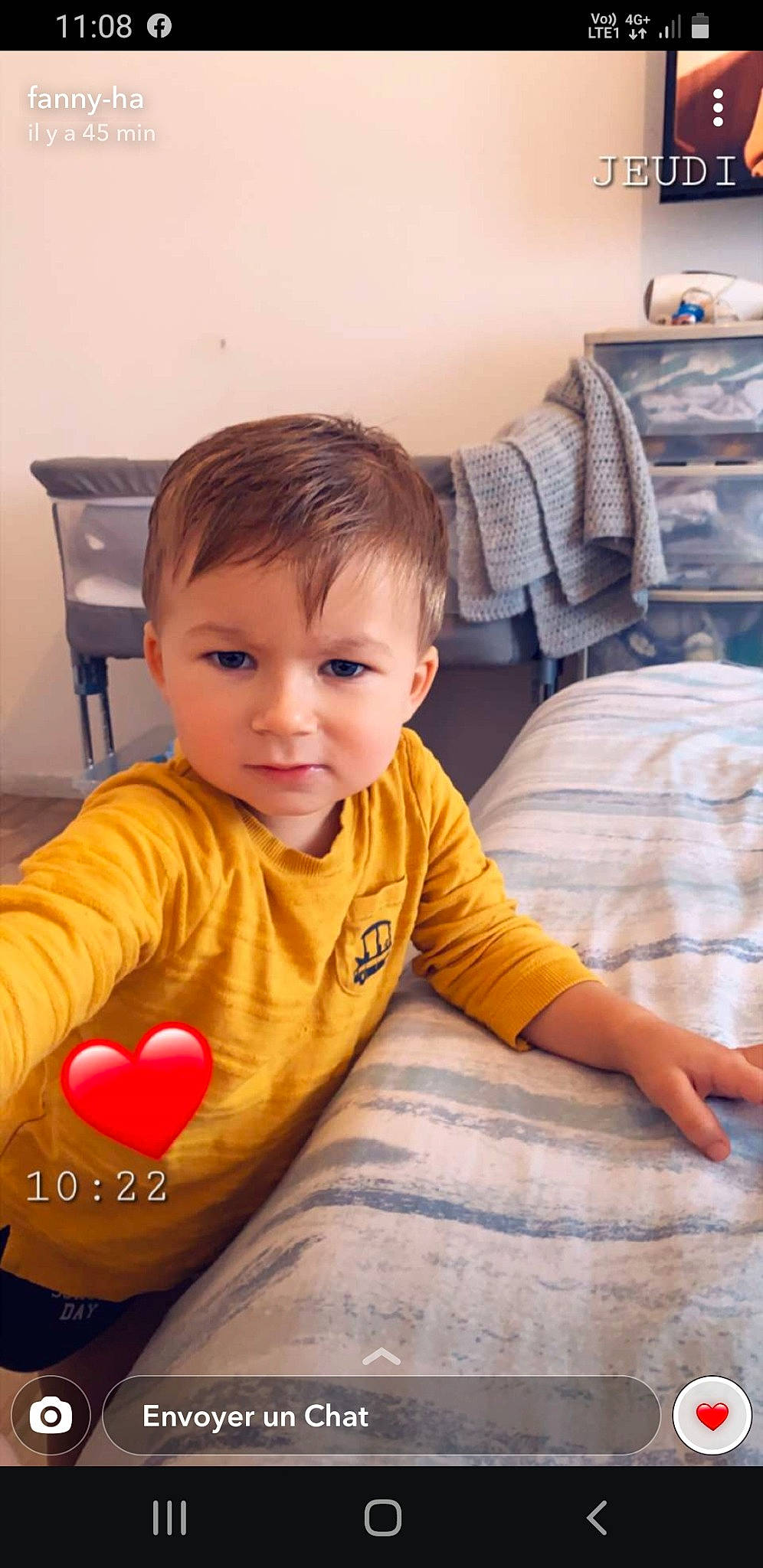 Faydi participe au concours pour gagner de l'argent avec cette photo : baby, cheek, comfort, eye, face, floor, flooring, hairstyle, happy, hardwood, head, human, joint, mammal, person, skin, sleeve, standing, t_shirt, toddler