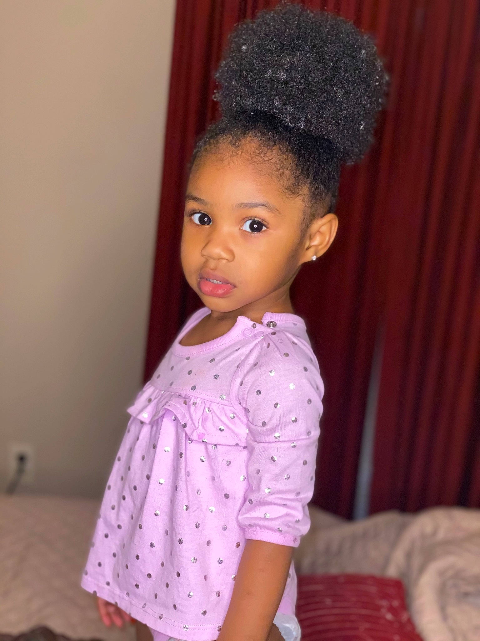Miracle joined the competition — help win amazing prizes! afro, baby_toddler_clothing, black_hair, chin, cool, curtain, day_dress, dress, eye, fashion_design, hair, head, headgear, lip, magenta, person, pink, purple, sleeve, toddler