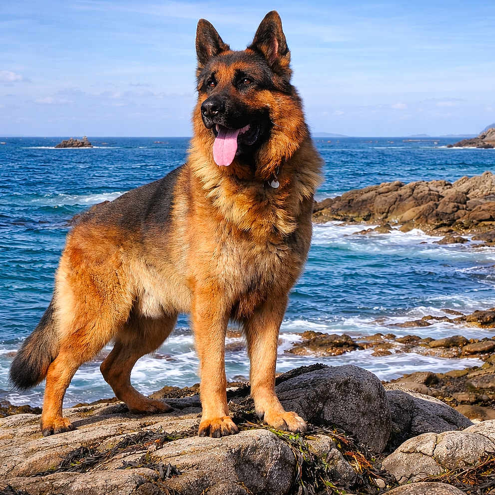 Mike participe au concours pour gagner de l'argent avec cette photo : animal, canine, coast, dog, ears_up, fur, german_shepherd, landscape, nature, ocean, outdoor, pet, rocky_shore, sea, sky, standing, sunlight, tongue_out, water, waves
