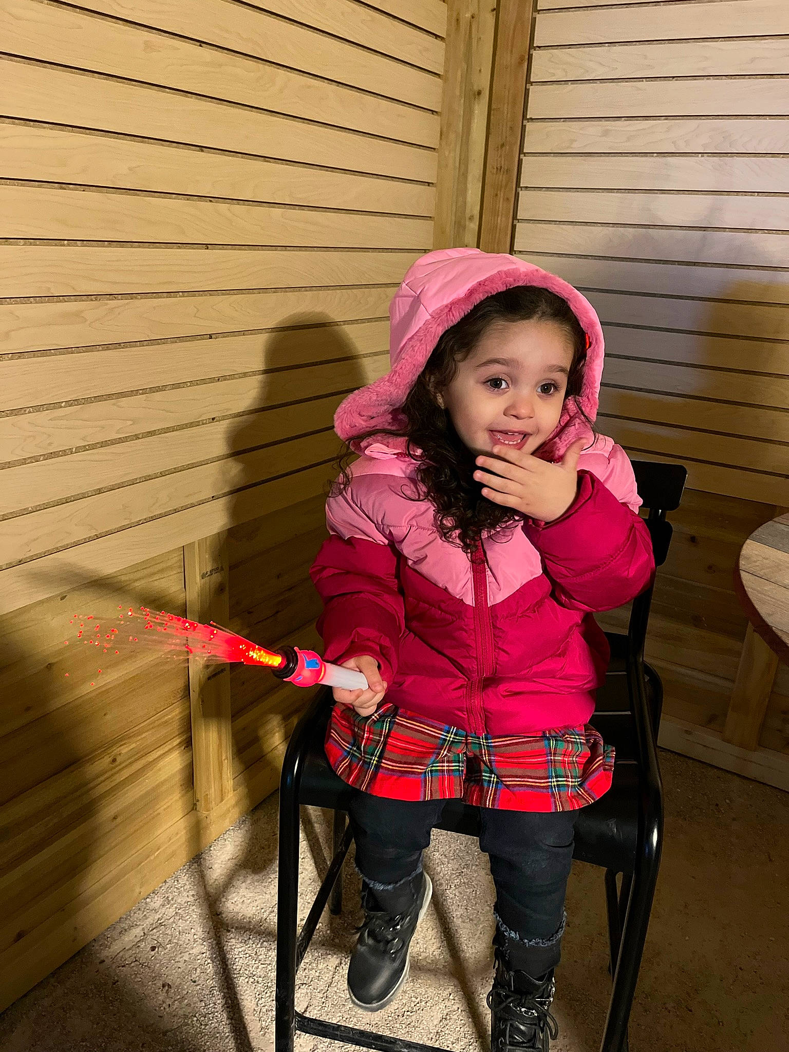 Celeste joined the competition — help win amazing prizes! baby_toddler_clothing, cap, child, eye, face, fashion_accessory, fun, happy, head, jacket, knee, leisure, magenta, pattern, person, pink, sitting, sleeve, thigh, toddler