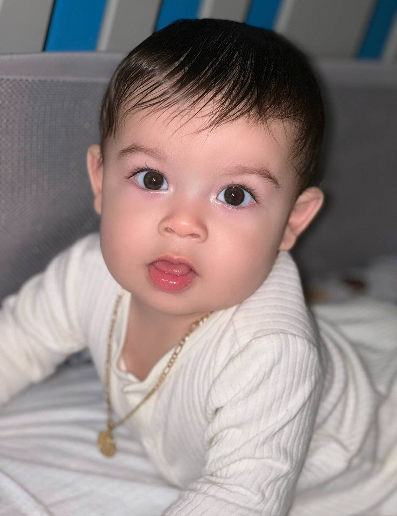 Greysen joined the competition — help win amazing prizes! baby, baby_toddler_clothing, blue, cheek, ear, eye, eyebrow, eyelash, face, flash_photography, flooring, happy, iris, lip, no_expression, nose, person, skin, sleeve, toddler