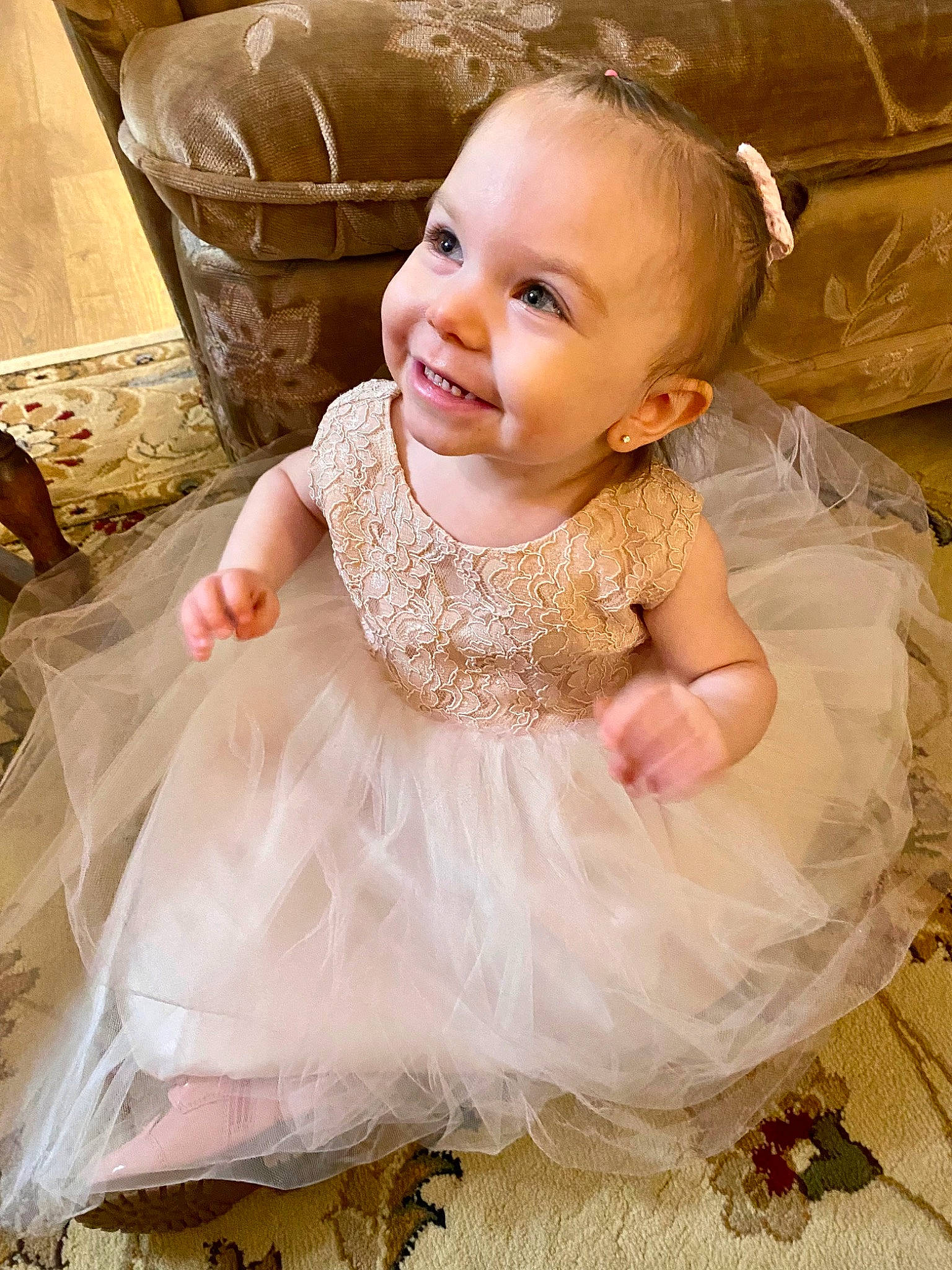 Mia is registered to the contest to win money with this photo: baby, baby_toddler_clothing, bridal_accessory, bridal_clothing, child, clothing, dress, embellishment, face, flash_photography, happy, head, headpiece, iris, joy, person, photograph, pink, skin, smile