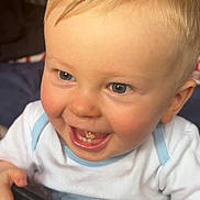 Reggie joined the competition — help win amazing prizes! baby, blond_hair, blue_eyes, child, closeup, clothing, cute, face, hairbrush, hands, happy, indoor, infant, mouth_open, playful, portrait, short_sleeve, skin, smiling, teeth