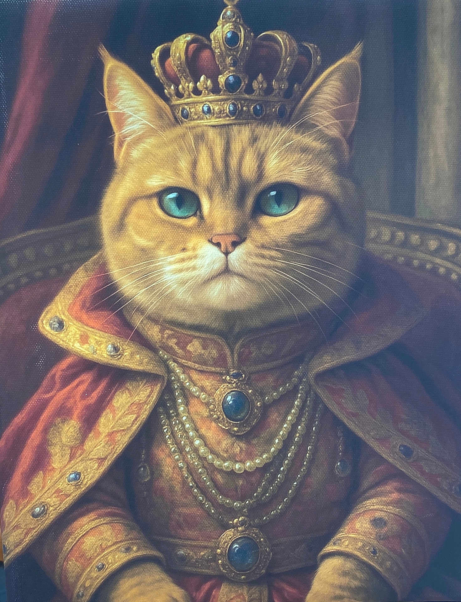 Stella a rejoint le concours — aidez-le/la à gagner de superbes lots ! cat, crown, jewelry, necklace, robe, portrait, regal, royalty, blue_eyes, fur, whiskers, luxury, ornate, majestic, animal_portrait, costume, indoor, feline, closeup, decorative