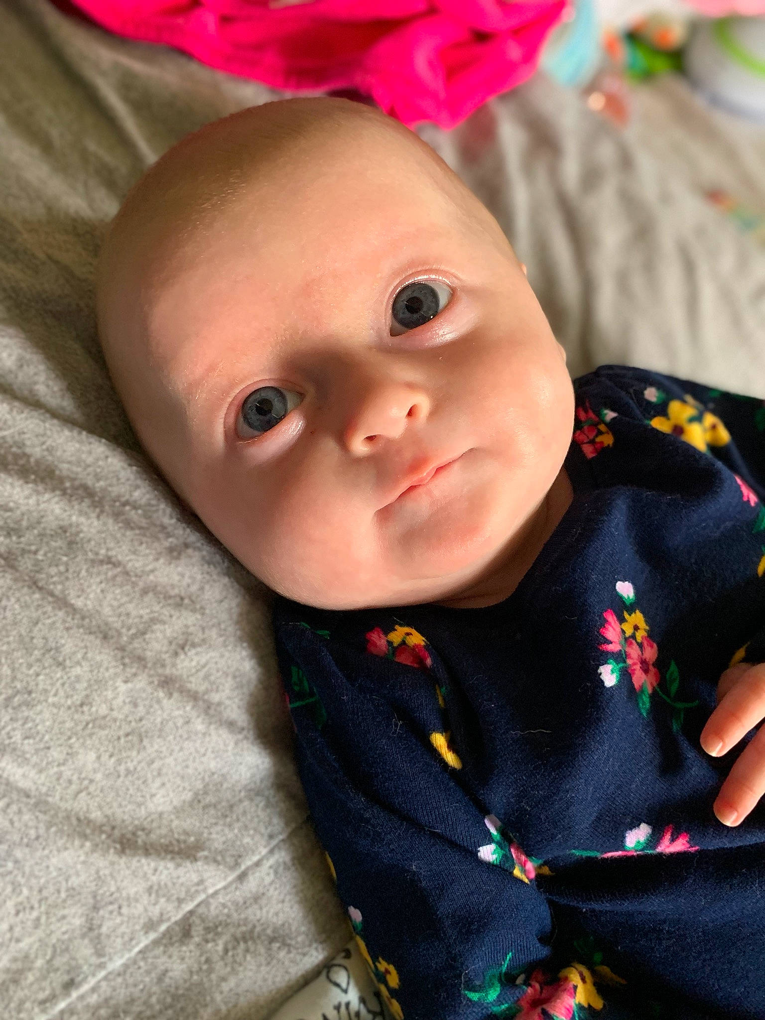 Adeline is registered to the contest to win money with this photo: baby, cheek, child, eye, face, head, iris, lip, nose, person, pink, skin, toddler