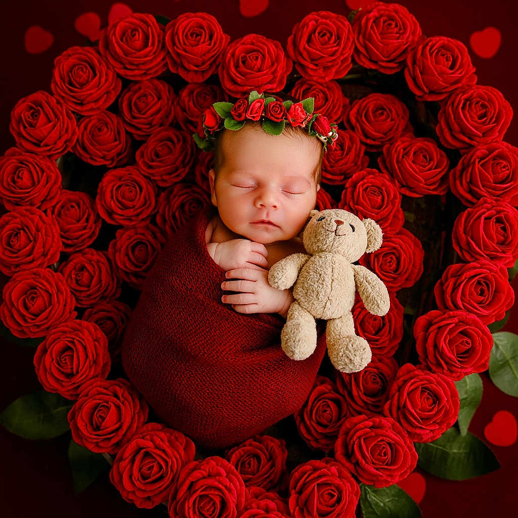 Heaven joined the competition — help win amazing prizes! baby, sleeping, red_roses, heart_shape, flower_crown, teddy_bear, blanket, newborn, cute, peaceful, portrait, floral_arrangement, soft_toy, infant, wrapped, green_leaves, closeup, adorable, cozy, resting