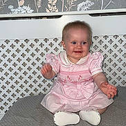 Vienna joined the competition — help win amazing prizes! baby, child, pink_dress, smiling, sitting, clapping, white_shoes, indoor, wallpaper, floral_pattern, lattice, joyful, cute, portrait, infant, person, home, decor, happy, small_child