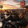 Ipso participe au concours pour gagner de l'argent avec cette photo : adventure, animal, bandana, biker, cat, cool, desert, dog, leather_jacket, motorcycle, motorcycle_gas_station, outdoor, pet, portrait, retro, road_sign, route_66, sunglasses, sunset, vintage