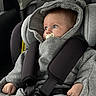 automotive_interior, baby, buckle, car_seat, child, cozy, eyes, fabric, gaze, grey_clothing, hands, headrest, hood, hooded_jacket, infant, pacifier, portrait, safety, seat_belt, tiny_fists