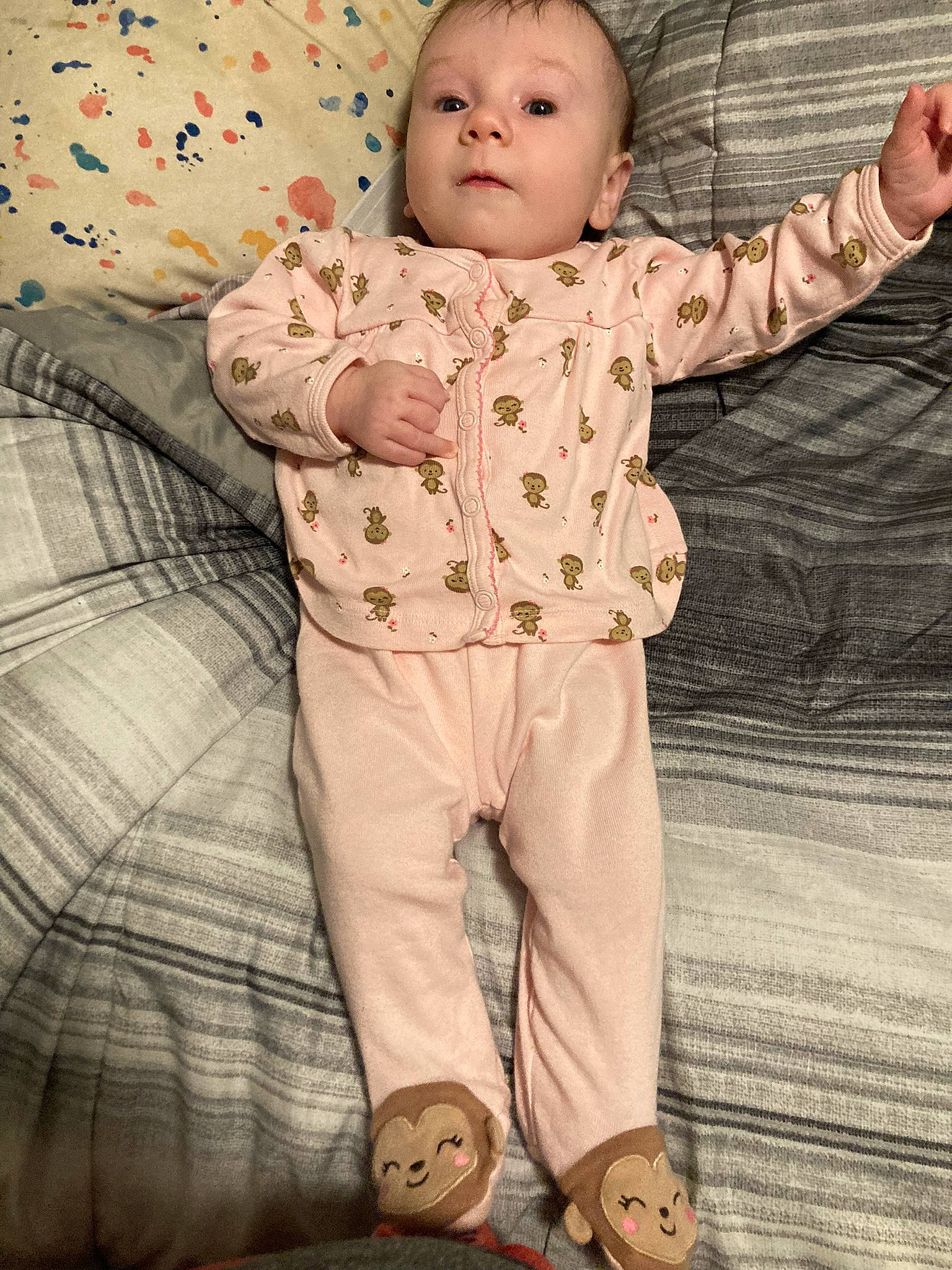 Katalina joined the competition — help win amazing prizes! baby, baby_toddler_clothing, cheek, child, comfort, eye, face, gesture, happy, head, leg, linens, pattern, person, pink, skin, sleeve, standing, textile, toddler