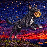 Oreo Joe is registered to the contest to win money with this photo: artistic, black_dog, colorful, dog, fantasy, glowing_object, grass, illustration, landscape, leaping, moon, nature, night_sky, playful, rocks, sky, stars, sunset, surreal, swirling