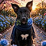 Oreo Joe is registered to the contest to win money with this photo: animal, black_dog, blue_rose, cobblestone, cute, dog, floral, flower, garden, nature, outdoor, path, petals, plant, portrait, romantic, scarf, spring, street_lamp, sunset