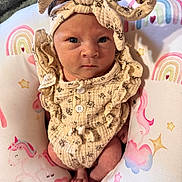 Starlie is registered to the contest to win money with this photo: baby, infant, newborn, headband, bow, ruffled_clothing, onesie, pillow, rainbow, unicorn, stars, pink, cute, portrait, blue_eyes, toes, feet, hands, blanket, cozy