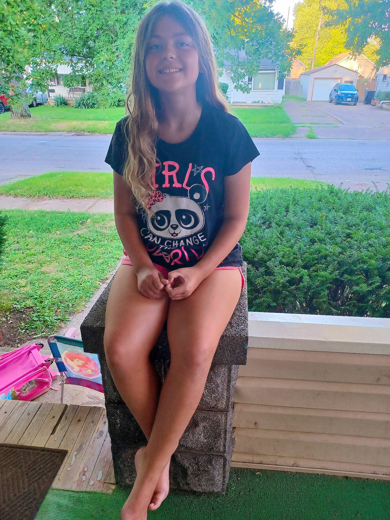 Mckenzie joined the competition — help win amazing prizes! eyewear, face, grass, hair, hairstyle, happy, head, joint, joy, knee, lap, leg, neck, person, pink, plant, shoulder, sleeve, smile, thigh