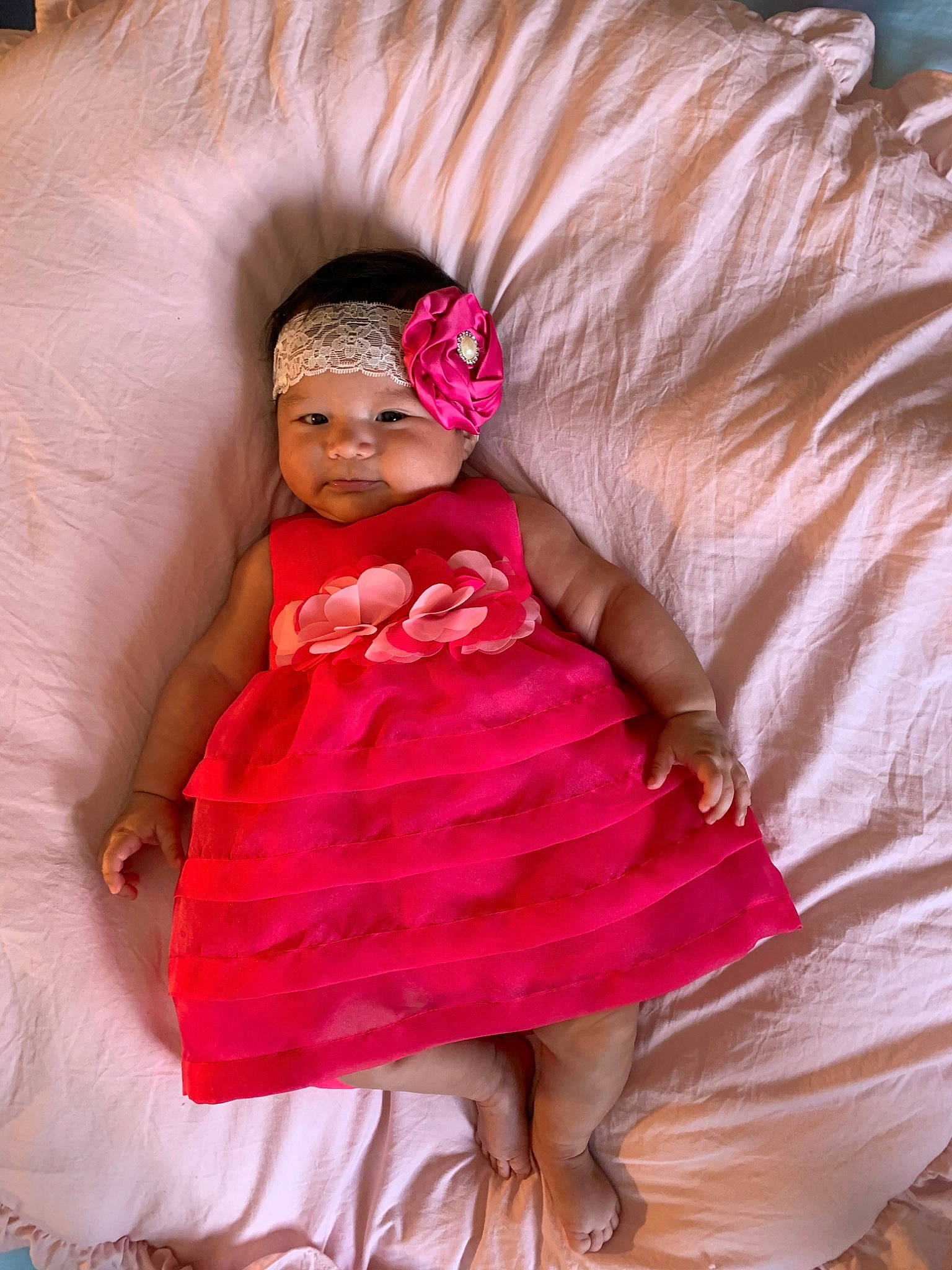 Marjorie joined the competition — help win amazing prizes! baby, child, dress, hair_accessory, headwear, linens, magenta, peach, person, pink, red, textile, toddler