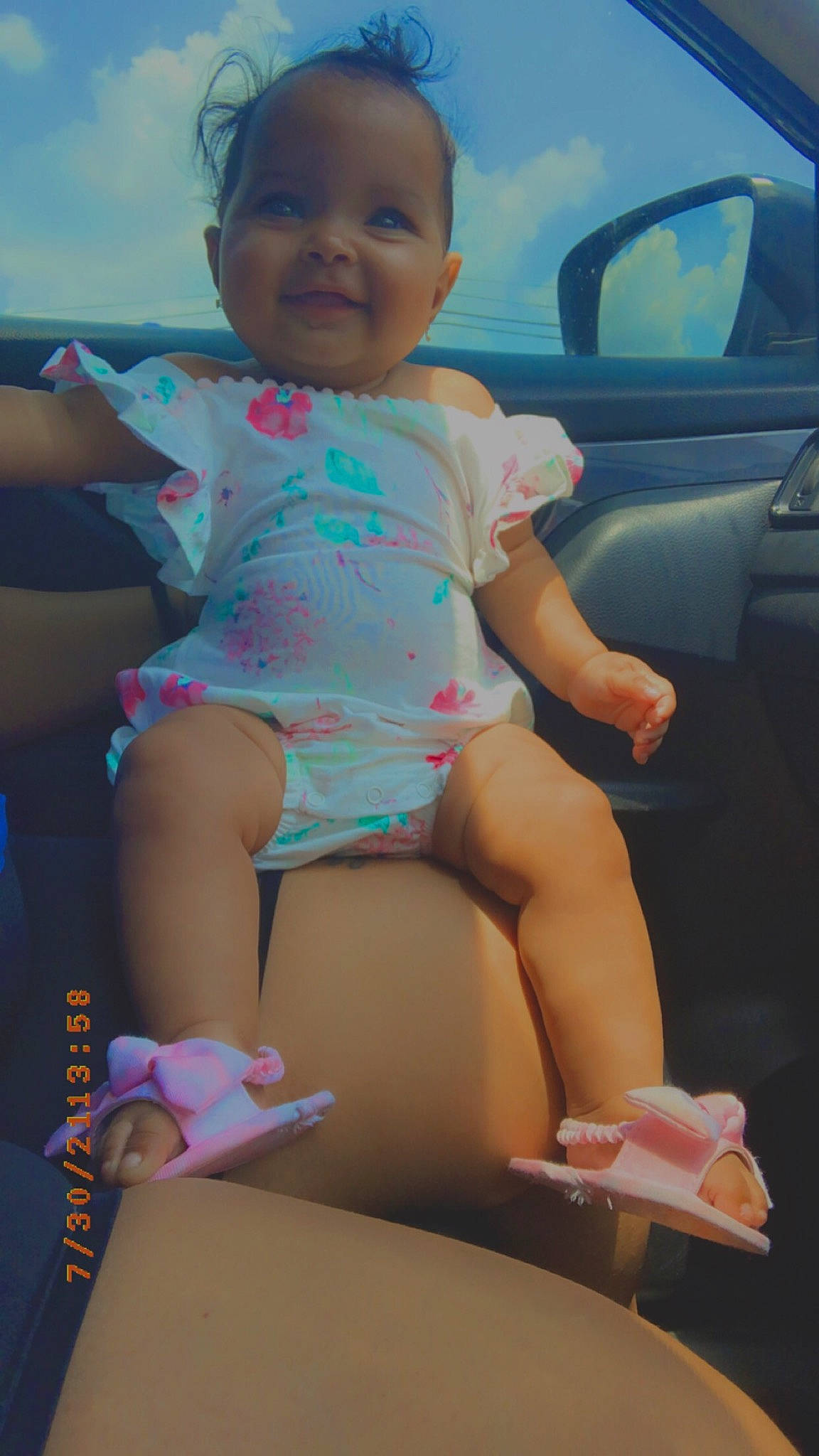Mary joined the competition — help win amazing prizes! arm, baby_toddler_clothing, blue, car, finger, fun, hairstyle, happy, hood, leg, motor_vehicle, mouth, people, person, pink, skin, summer, thigh, vehicle_door, white