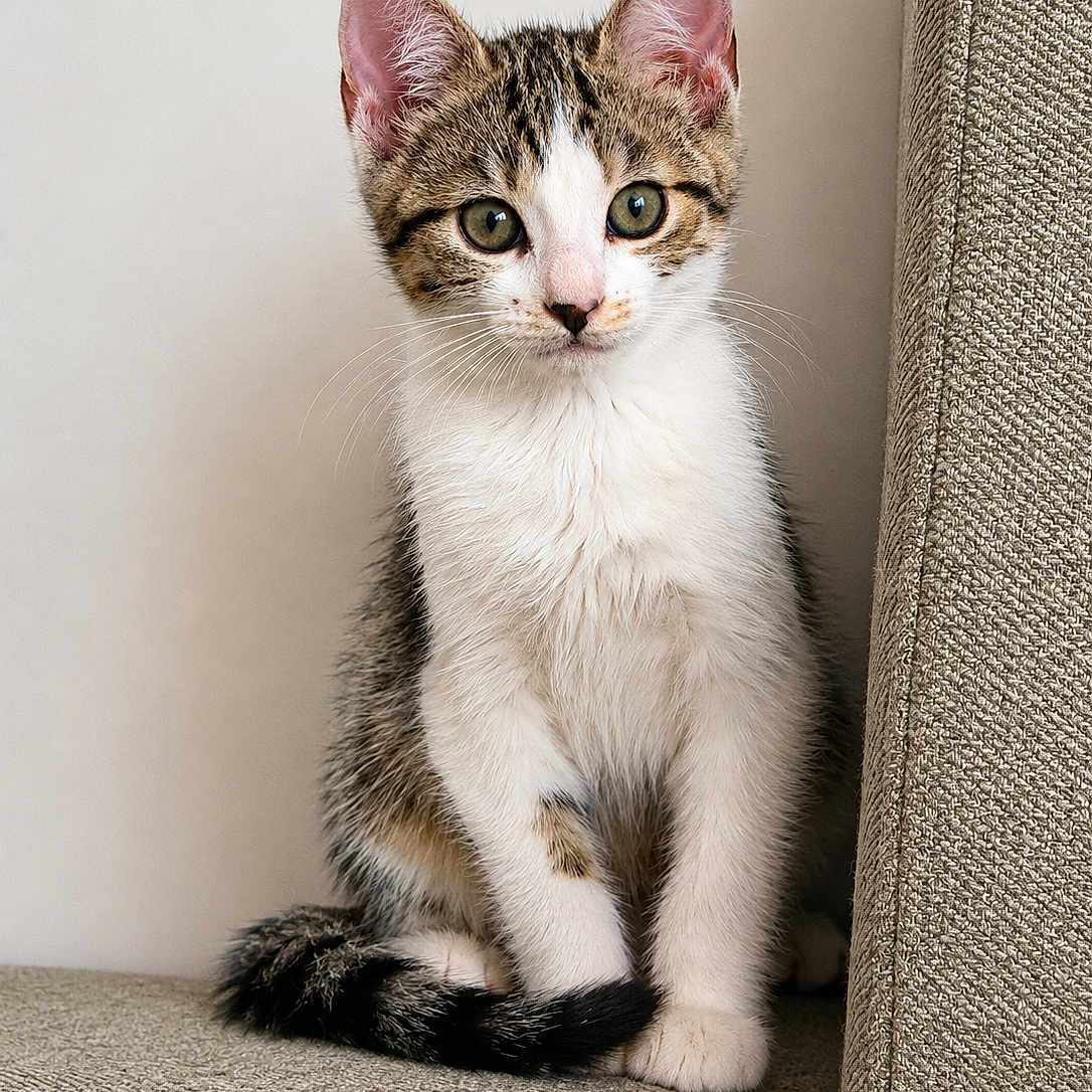 Kaguya a rejoint le concours — aidez-le/la à gagner de superbes lots ! kitten, cat, pet, feline, cute, young, domestic_animal, sitting, fur, whiskers, ears, eyes, tail, indoor, couch, texture, curious, portrait, animal, small
