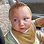 baby, blue_eyes, bib, car_interior, child, clothing, curly_hair, face, infant, inside, looking_away, person, seat, seat_cover, short_sleeves, sitting, skin, young_child, window, young_baby