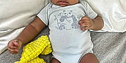 Tyaire joined the competition — help win amazing prizes! baby, bed, bedding, blanket, child, curious_expression, cute, hand, head, indoors, infant, leg, lying_down, onesie, panda_design, person, plush_toy, skin, soft_texture, yellow_toy