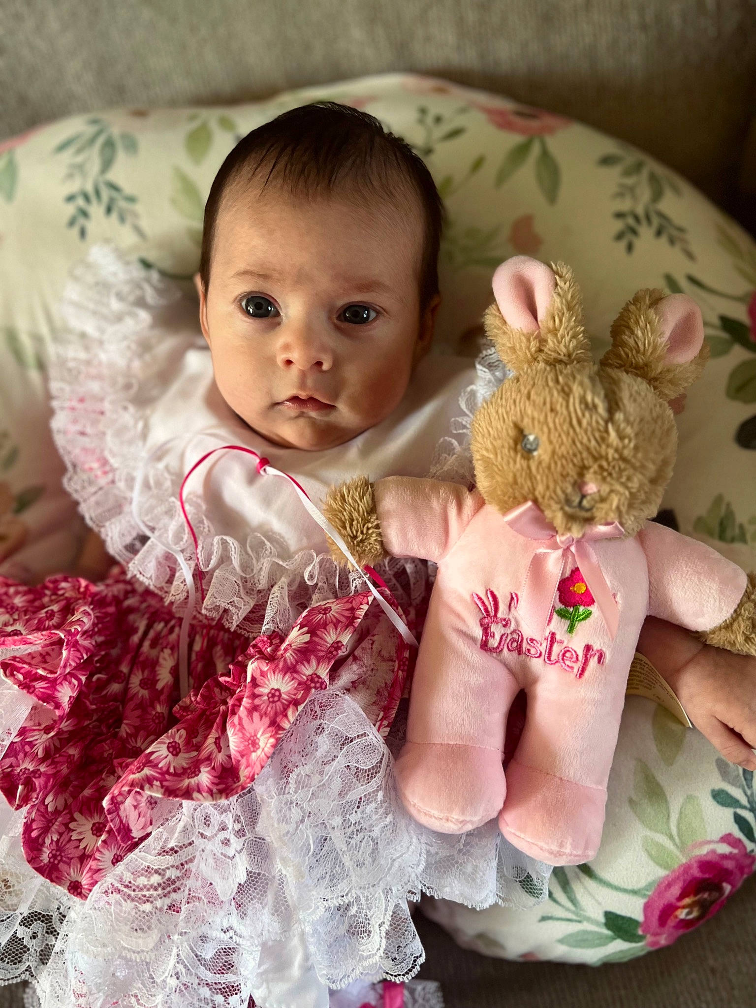 Adaline is registered to the contest to win money with this photo: baby, baby_toddler_clothing, child, doll, dress, embellishment, fashion_accessory, happy, headgear, iris, linens, pattern, person, pink, sitting, skin, sleeve, teddy_bear, textile, toddler
