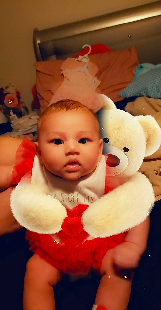 Linda joined the competition — help win amazing prizes! baby, cheek, child, ear, head, person, plush, smile, stuffed_toy, teddy_bear, toddler, toy