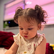 Athena joined the competition — help win amazing prizes! toddler, child, curly_hair, pigtails, indoors, soft_lighting, pink, window_blinds, winnie_the_pooh, clothing, cute, focused, portrait, sitting, baby, earrings, skin, expression, room, background