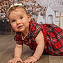 Athena is registered to the contest to win money with this photo: baby, background, child, christmas_tree, crawling, cute, decorations, earrings, festive, floor, happy, holiday, holiday_decor, indoor, pearl_necklace, plaid_dress, portrait, presents, smiling, young_child
