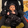 Levi is registered to the contest to win money with this photo: baby, infant, car_seat, hoodie, black_clothing, lightning_bolt_pattern, boots, footwear, indoor, table, wooden_furniture, curious_expression, child, cute, seated, person, small_hands, looking_at_camera, casual_clothing, protective_seat