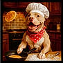 dog, chef_hat, bandana, pancake, frying_pan, kitchen, cooking, whisk, flour, countertop, happy, pet, animal, brown_dog, polka_dot, smiling, indoor, cute, portrait, playful