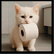 Toast is registered to the contest to win money with this photo: cat, kitten, white_cat, toilet_paper, pet, animal, cute, indoor, floor, fur, whiskers, ears, nose, paws, domestic_animal, young_cat, feline, looking_at_camera, household, bathroom
