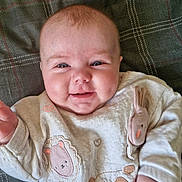 Zoe is registered to the contest to win money with this photo: baby, infant, smiling, face, plaid_blanket, sweater, animal_patch, lion_patch, panda_patch, bunny_patch, cute, child, happy, lying_down, indoors, cheeks, clothing, portrait, person, closeup