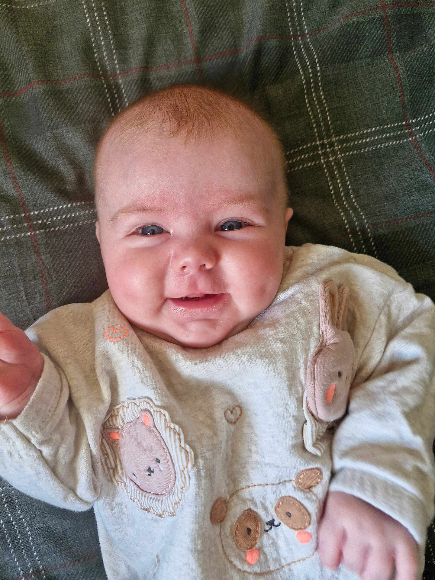 Zoe is registered to the contest to win money with this photo: baby, infant, smiling, face, plaid_blanket, sweater, animal_patch, lion_patch, panda_patch, bunny_patch, cute, child, happy, lying_down, indoors, cheeks, clothing, portrait, person, closeup