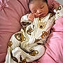 Joriel joined the competition — help win amazing prizes! baby, newborn, sleeping, onesie, bear_print, pink_blanket, infant, cute, peaceful, soft, cozy, child, portrait, resting, clothing, bed, sleep, face, hand, fingers