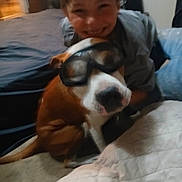 Havoc is registered to the contest to win money with this photo: child, dog, goggles, smile, indoor, hug, pet, funny, blurred, bed, quilt, brown_dog, white_dog, happy, young, playful, candid, person, animal, cozy