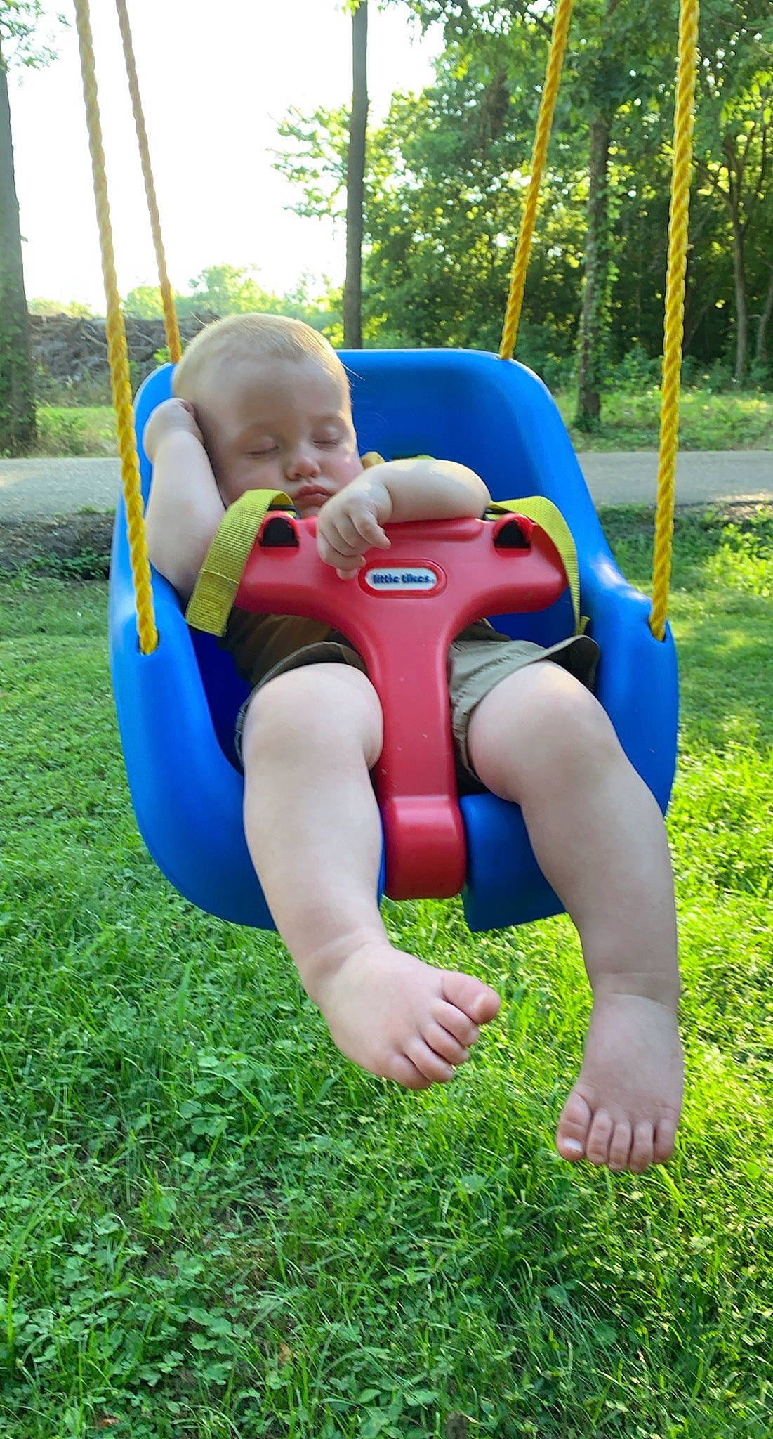 Kolten is registered to the contest to win money with this photo: baby, baby_toddler_clothing, city, comfort, face, fun, grass, happy, leisure, nature, outdoor_play_equipment, people_in_nature, person, plant, playground, recreation, shorts, summer, swing, toddler