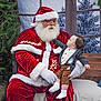 baby, child, santa_claus, christmas, holiday, red_suit, white_beard, glasses, bench, tree, indoor, curious, suspenders, brown_pants, white_socks, festive, decor, winter, portrait, holiday_season