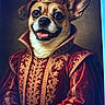 dog, crown, royalty, portrait, red_robe, gold_embroidery, smiling, pet, animal, costume, regal, luxury, indoor, closeup, canine, fancy_dress, illustration_style, decorative, majestic, digital_screen