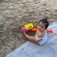 Estella participe au concours pour gagner de l'argent avec cette photo : toddler, child, beach, sand, toy_truck, shovel, blanket, water, play, outdoor, summer, barefoot, cute, young_child, person, nature, recreation, vacation, sunhat, relaxation