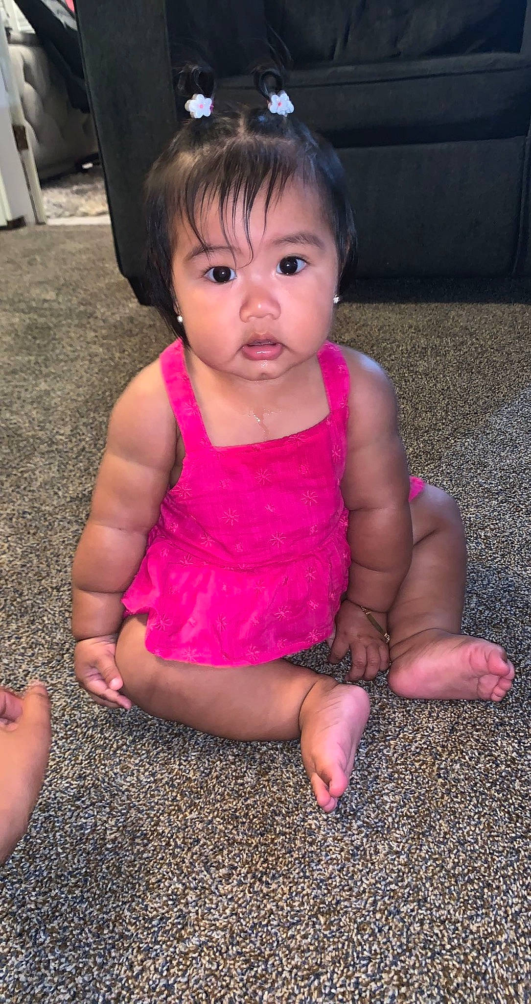 Leila Elleanny is registered to the contest to win money with this photo: baby_toddler_clothing, cheek, chin, dress, eye, eyelash, face, finger, gesture, hair, head, iris, leg, lip, mammal, nose, organ, person, photograph, pink