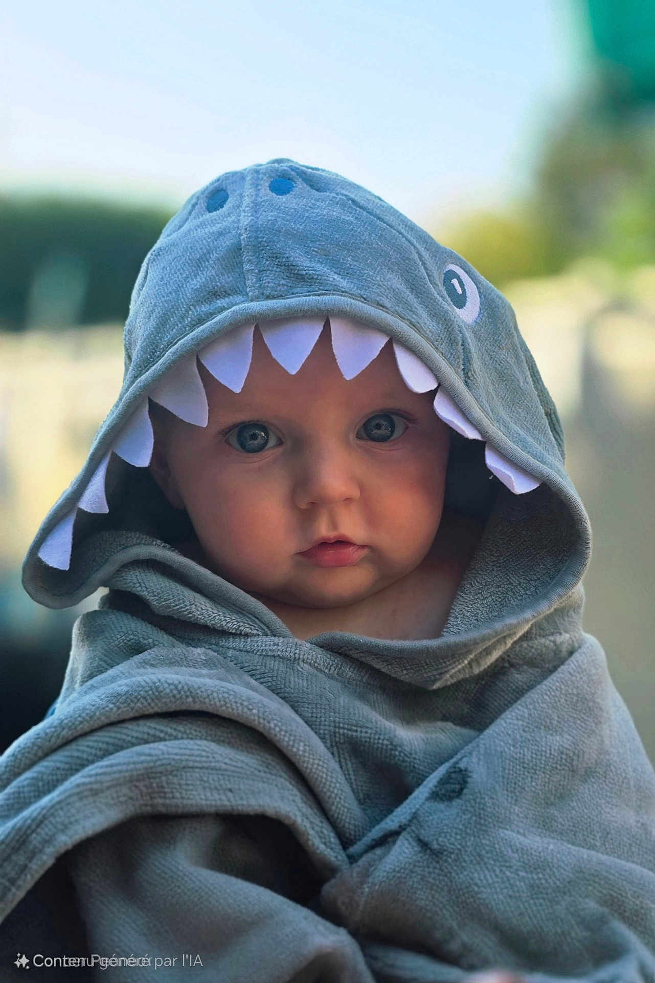 Manoë participe au concours pour gagner de l'argent avec cette photo : baby, child, hooded_towel, shark_costume, cute, portrait, blue_eyes, soft_texture, outdoor, blurred_background, infant, wrapped, face, expression, clothing, adorable, towel, young_child, closeup, headwear