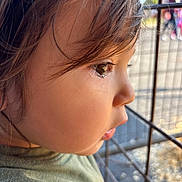Kosei is registered to the contest to win money with this photo: child, tear, face, profile, emotion, sadness, outdoor, fence, metal, blurred_background, young, person, closeup, hair, skin, expression, looking, daylight, casual_clothing, portrait