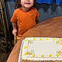 birthday_cake, blue_curtains, cake, celebration, chair, child, confetti, food, furniture, happy, icing, indoor, orange_shirt, patterned_curtains, person, smiling, table, toddler, wooden_table, yellow_icing