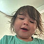 Kosei is registered to the contest to win money with this photo: toddler, child, face, smiling, hair, indoor, ceiling, green_shirt, graphic_tshirt, expression, portrait, casual, young_child, person, cute, happy, closeup, clothing, head, looking_down
