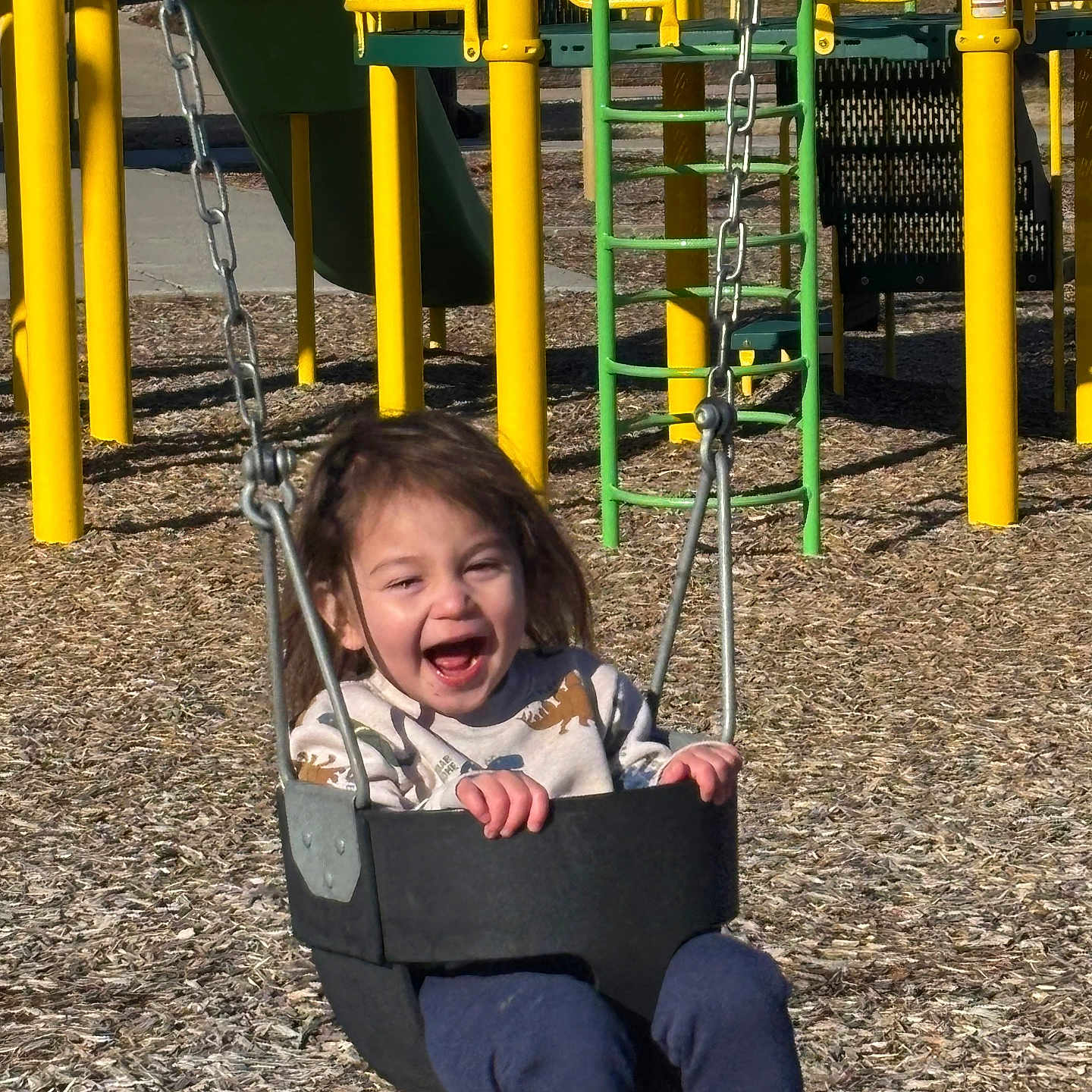 Kosei is registered to the contest to win money with this photo: activity, casual, child, clothing, daylight, fun, green, happy, joyful, metal_chains, outdoor, person, play_equipment, playground, recreation, smiling, swing, toddler, woodchips, yellow