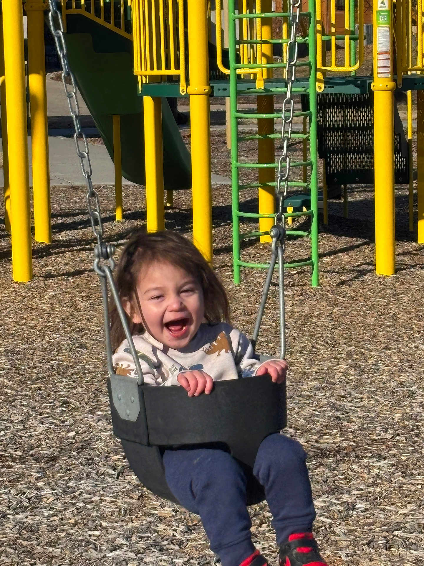 Kosei is registered to the contest to win money with this photo: activity, casual, child, clothing, daylight, fun, green, happy, joyful, metal_chains, outdoor, person, play_equipment, playground, recreation, smiling, swing, toddler, woodchips, yellow