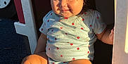 Aera is registered to the contest to win money with this photo: baby, barefoot, child, chubby, cute, daylight, hair, happy, infant, onesie, outdoor, play_structure, playground, shadow, sitting, skin, smiling, strawberry_pattern, sunlight, toddler